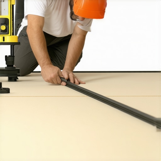 Floor Subfloor Flatness Inspection Inspector verifying subfloor levelness with a laser and straightedge.