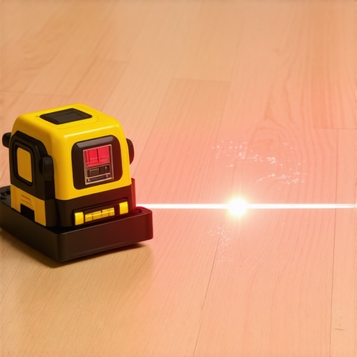 Professional laser level measuring hardwood flooring for maintenance and leveling accuracy