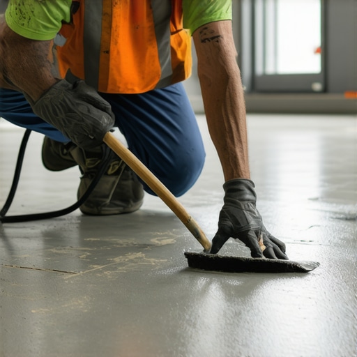 Worker applying self-leveling compound on a concrete floor demonstrating proper technique