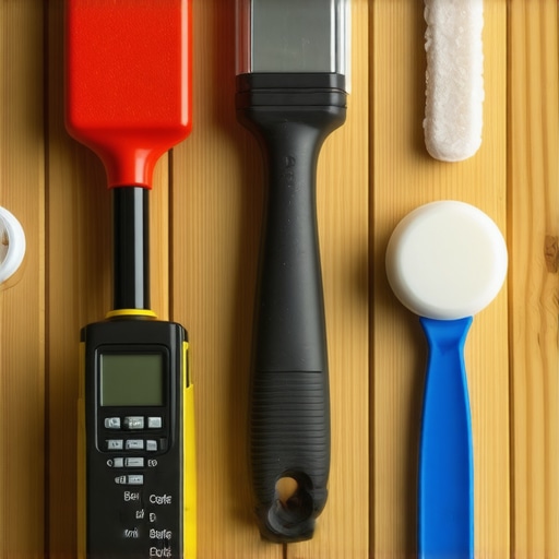 A collection of tools used for maintaining hardwood and tile floors, including moisture meter, buffer, and repair kits.