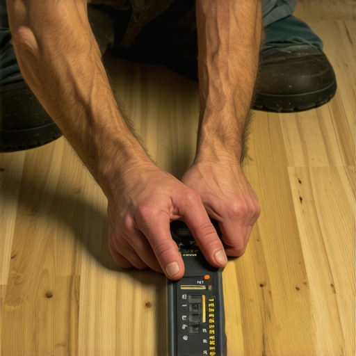 Using a Digital Moisture Meter for Flooring A technician measuring moisture levels on hardwood flooring with a digital moisture meter