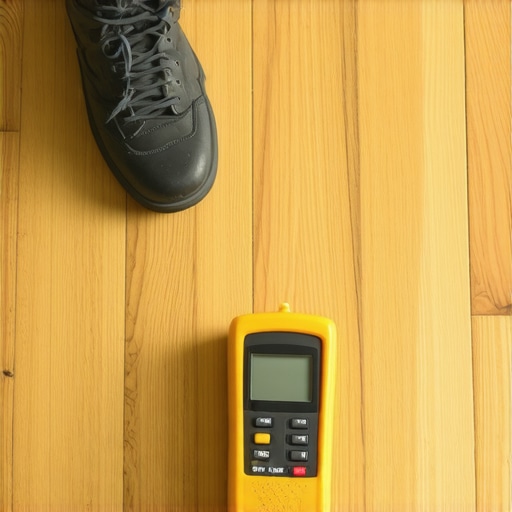 Homeowner testing moisture levels on hardwood floor with a digital moisture meter.