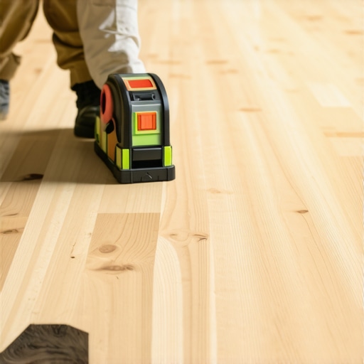 Person calibrating flooring levels with laser tool at a workshop table.