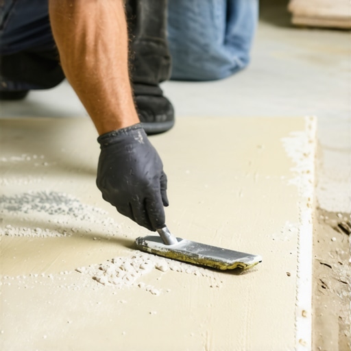 Person pouring and spreading self-leveling compound on a floor