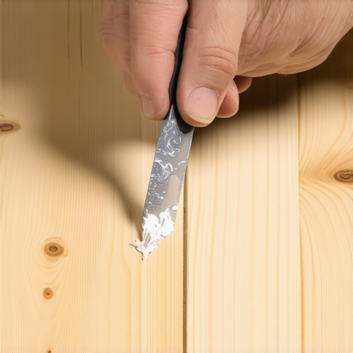 Handyman smoothing wood filler into a floor splinter with a putty knife