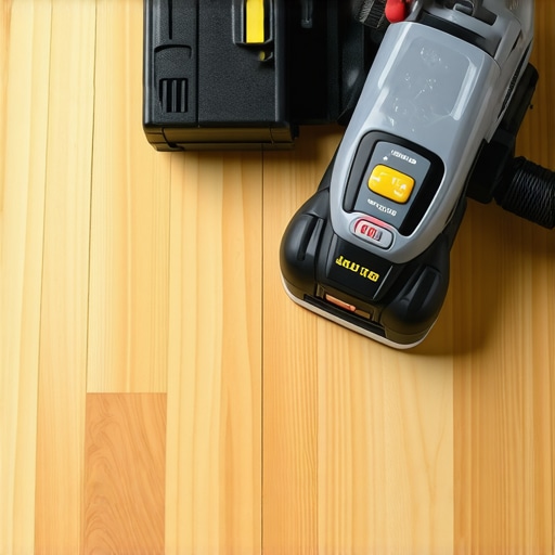 A collection of high-quality tools used by flooring professionals, including laser level, moisture meter, and sander.
