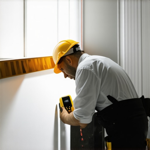 Expert Floor Inspection Using Laser Tools Technician inspecting a subfloor with laser level and moisture meter