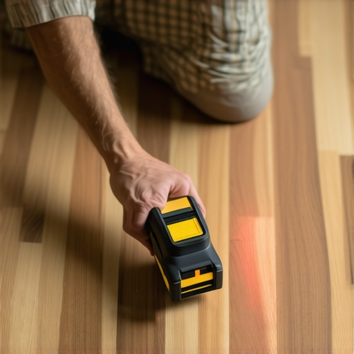 A person measuring hardwood floor with a laser level and moisture meter for maintenance