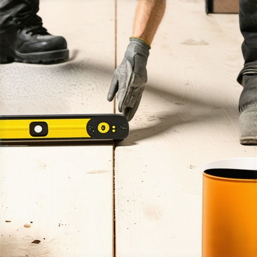 Floor leveling process in action Worker pouring leveling compound and using a gauge to level a subfloor