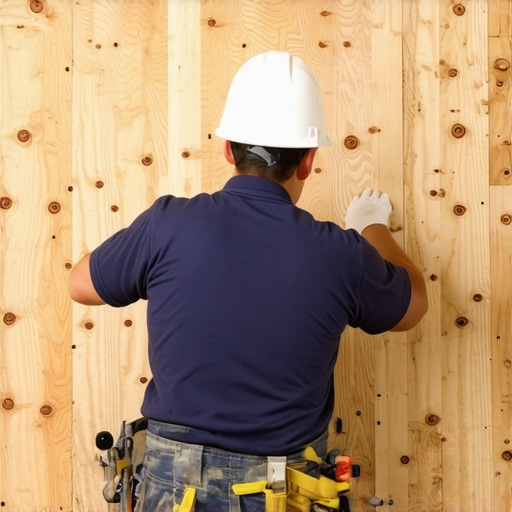 Worker installing plywood and cross-braces on OSB subfloor for tile installation