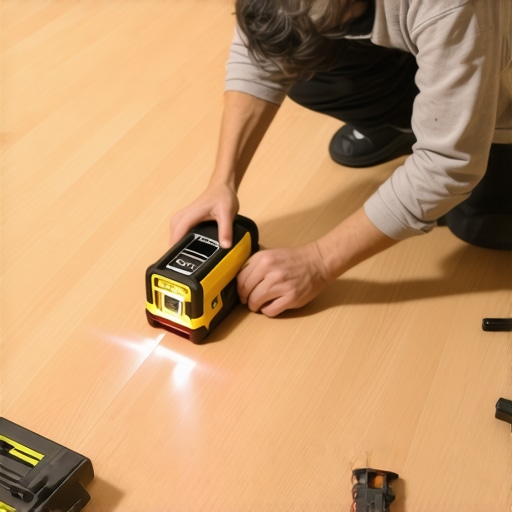 Using a Laser Level for Precise Floor Leveling A contractor aligning a laser level tool on a hardwood floor to ensure precise leveling.