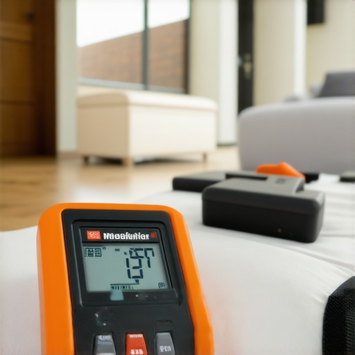 A person using a digital moisture meter to check if the subfloor is dry before flooring installation.
