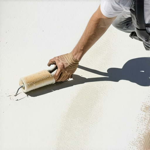 Person applying primer evenly on concrete floor with roller
