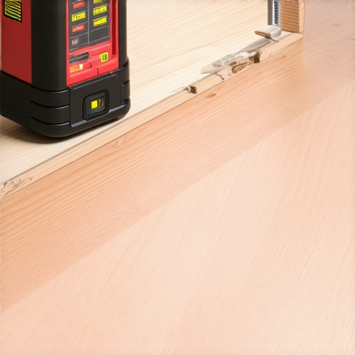 Essential Flooring Maintenance Tools Laser level and moisture meter measuring a hardwood floor