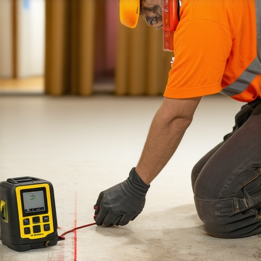 Technician measuring subfloor flatness with laser level and moisture meter