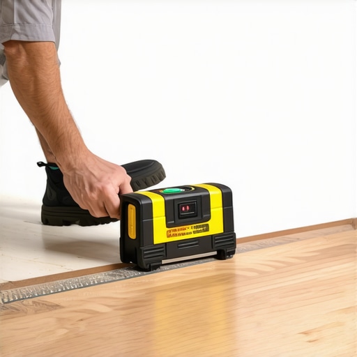 Person using laser level to identify uneven spots on wood flooring