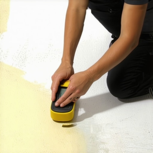 Person using moisture meter to check dryness of floor leveler