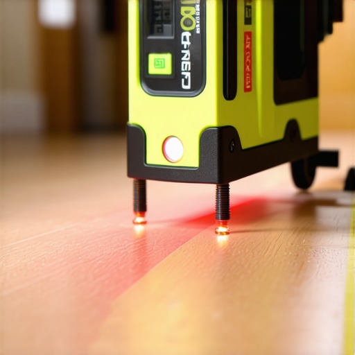 A technician using a laser level to check floor levelness in a home renovation