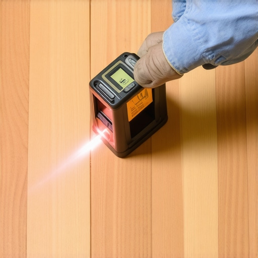 Technician measuring a hardwood floor with laser level and moisture meter