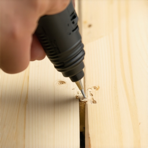 Person injecting adhesive into a drilled hole in a subfloor to fix squeak