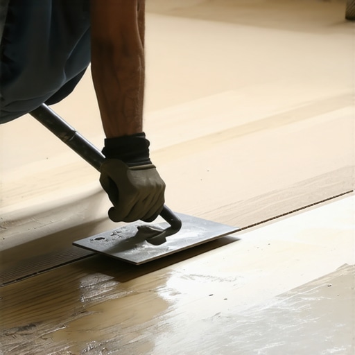 A professional worker spreading adhesive evenly across a subfloor using a notched trowel.