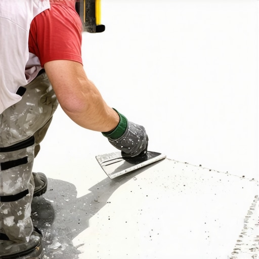 Worker applying even layer of thinset mortar on the back of a large tile with a notched trowel