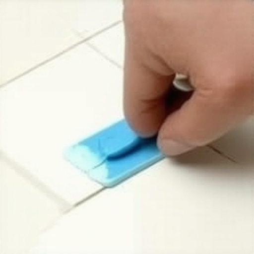 A person's hand filling a small chip in a porcelain tile with epoxy using a spatula
