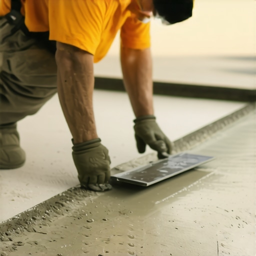 Worker spreading self-leveling compound on a flat concrete subfloor with a trowel.