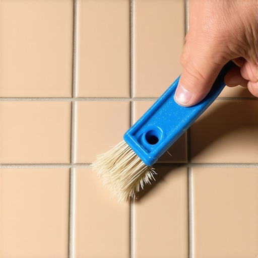 Close-up image showing grout being carefully spread between ceramic tiles with a rubber float
