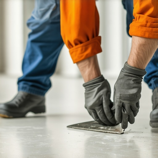 A skilled worker spreading self-leveling compound evenly with a notch trowel in a modern flooring project.