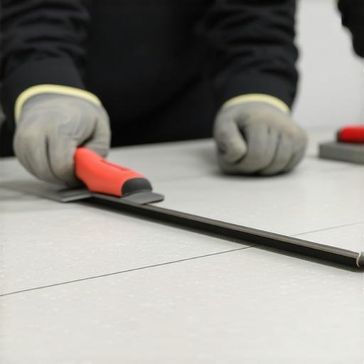 Professional cleaning tile grout with a specialized scraper, emphasizing maintenance detail.