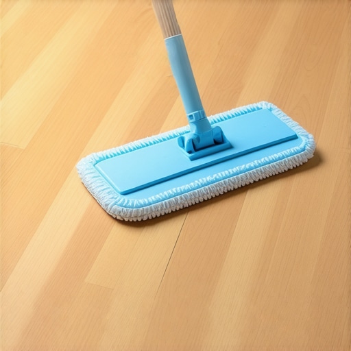 Person cleaning hardwood floor with microfiber mop in bright natural light