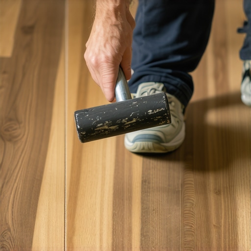 A person tapping vinyl planks with a rubber mallet at a 45-degree angle, demonstrating controlled force during installation.