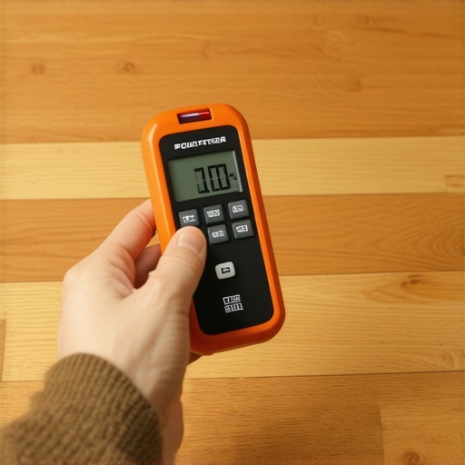 Close-up of a person's hand using a digital moisture meter on hardwood flooring