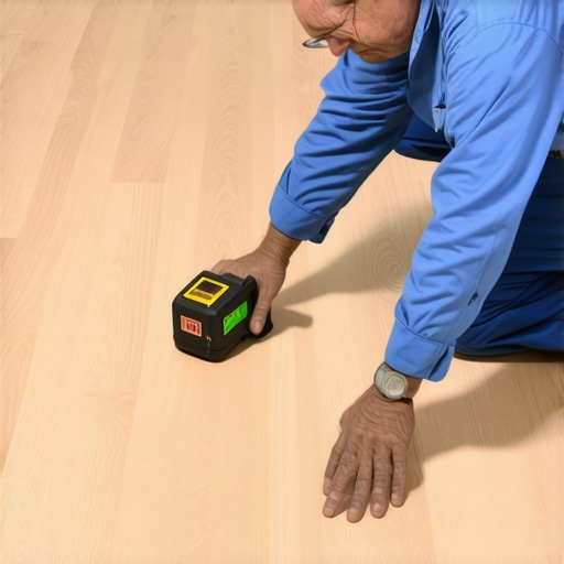Flooring technician measuring floor flatness and moisture with professional tools