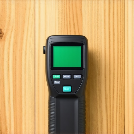 Precision tools for floor maintenance A hand holding a moisture meter on a hardwood floor, showing accurate readings for maintenance.