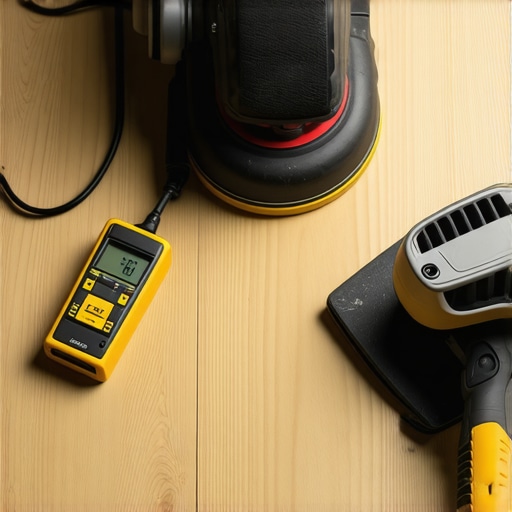 Professional Flooring Maintenance Tools A selection of high-quality tools used for hardwood and tile flooring maintenance, including a moisture meter and orbital sander.
