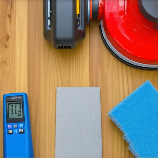 An array of specialized tools used for maintaining hardwood and tile floors, including moisture meter, orbital sander, and grout repair supplies.