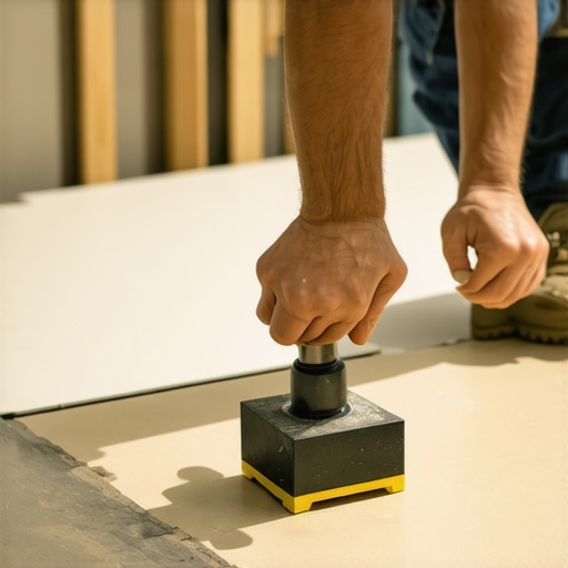 A person carefully tapping vinyl flooring planks together with a rubber mallet and tapping block to ensure proper lock