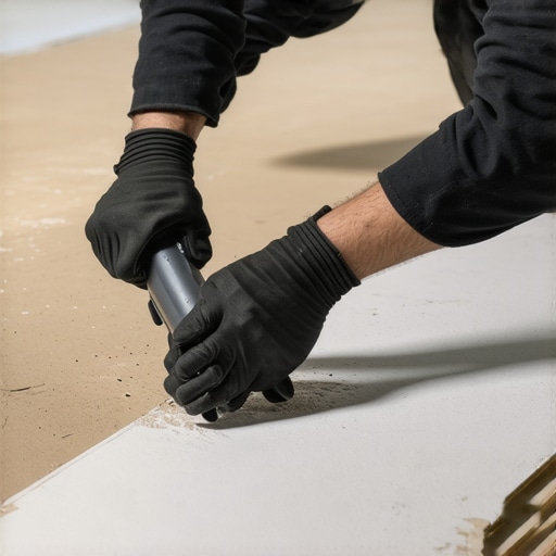 A close-up of a hand applying sealant into tiny pinholes on a smooth concrete surface for floor leveling