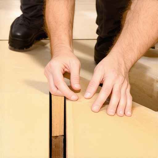 Person placing hardwood shims under subfloor joists using level