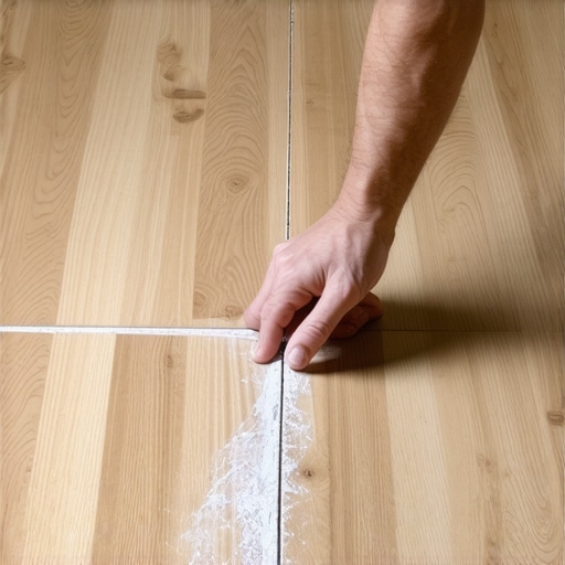 Close-up of a chalk line being snapped across a wooden floor to ensure straight lines for installation