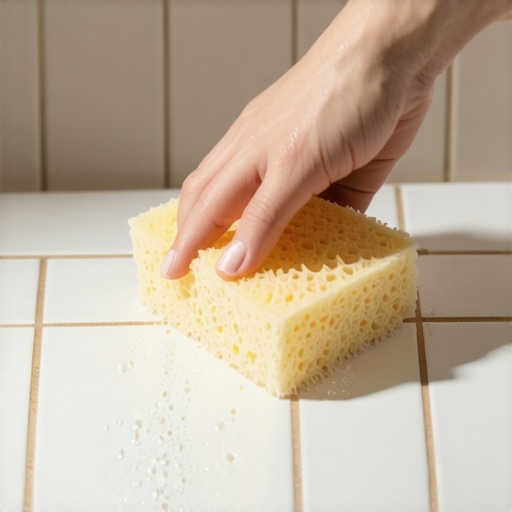 Close-up of a hand performing a water sealer test on bathroom tiles with a sponge.
