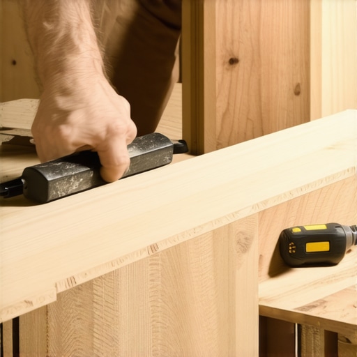Tightening hardwood planks with tapping block A person using a tapping block to snugly fit hardwood flooring planks together.