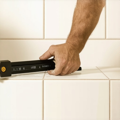 Hand running a 3-foot spirit level over freshly laid tiles to check for flatness