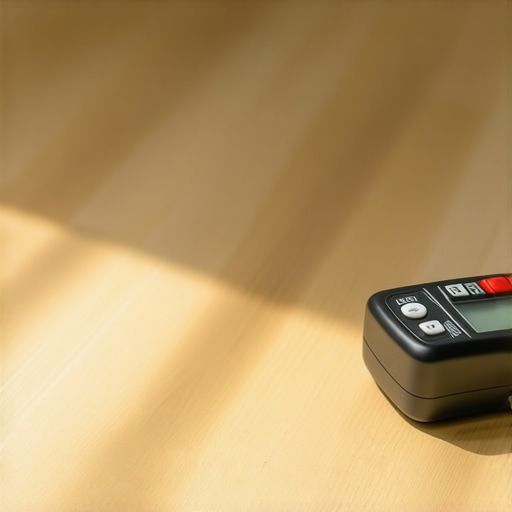 Person testing hardwood moisture content with a digital tool in a bright living room