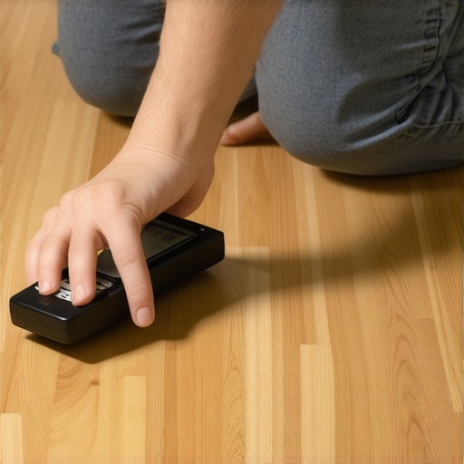 Using a moisture meter on hardwood floor for maintenance Person measuring moisture content on hardwood floor with a device for maintenance