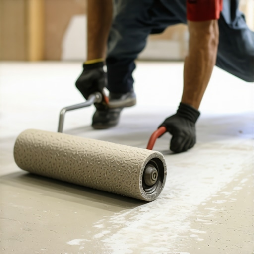 A worker employing a spiked roller to eliminate air bubbles and ensure a smooth self-leveling compound surface.