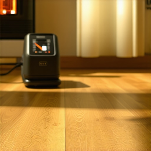 A close-up image of vinyl planks laid flat in a room with climate control devices like a hygrometer and heater