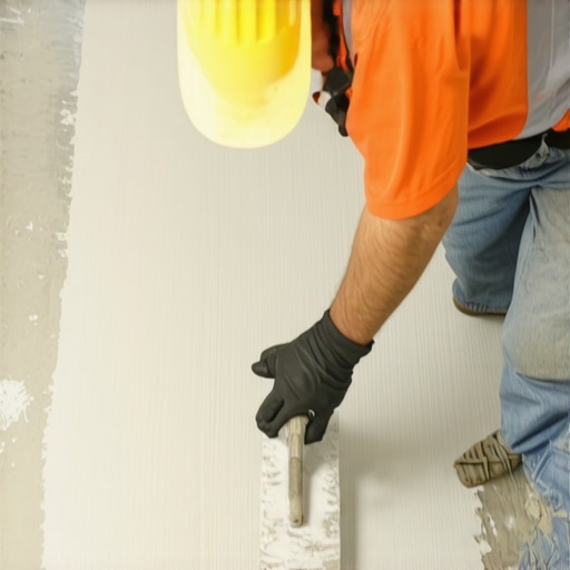 A worker using a trowel to spread leveling compound on a subfloor, ensuring a smooth, flat surface.